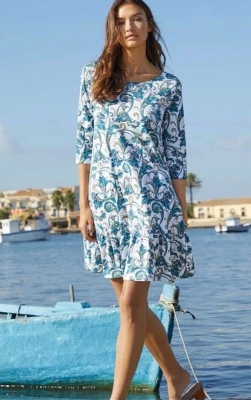 Peruvian Connection Large Acanthe Print Pima Cotton Flounced Hem Dress Pockets